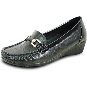 Women Black 2 Faux Leather Round Toe Removable Insole Wedge Slip-On Penny Loafer